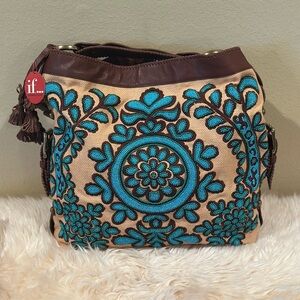 If... Embroidered Floral Bag in Brown and Blue